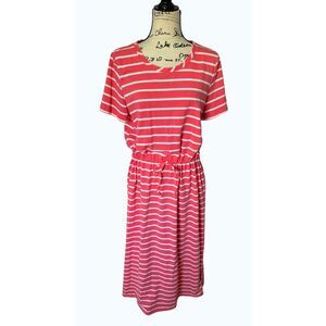 Kim Rogers Striped T-Shirt Dress Medium Coral White Pockets Drawstring Summer Ca